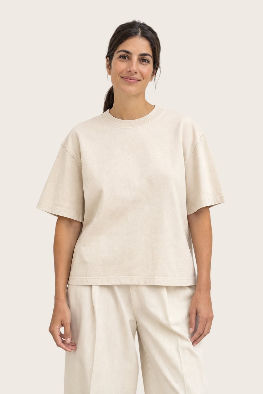 Boxy Heavyweight Tee in Ecru, worn, front