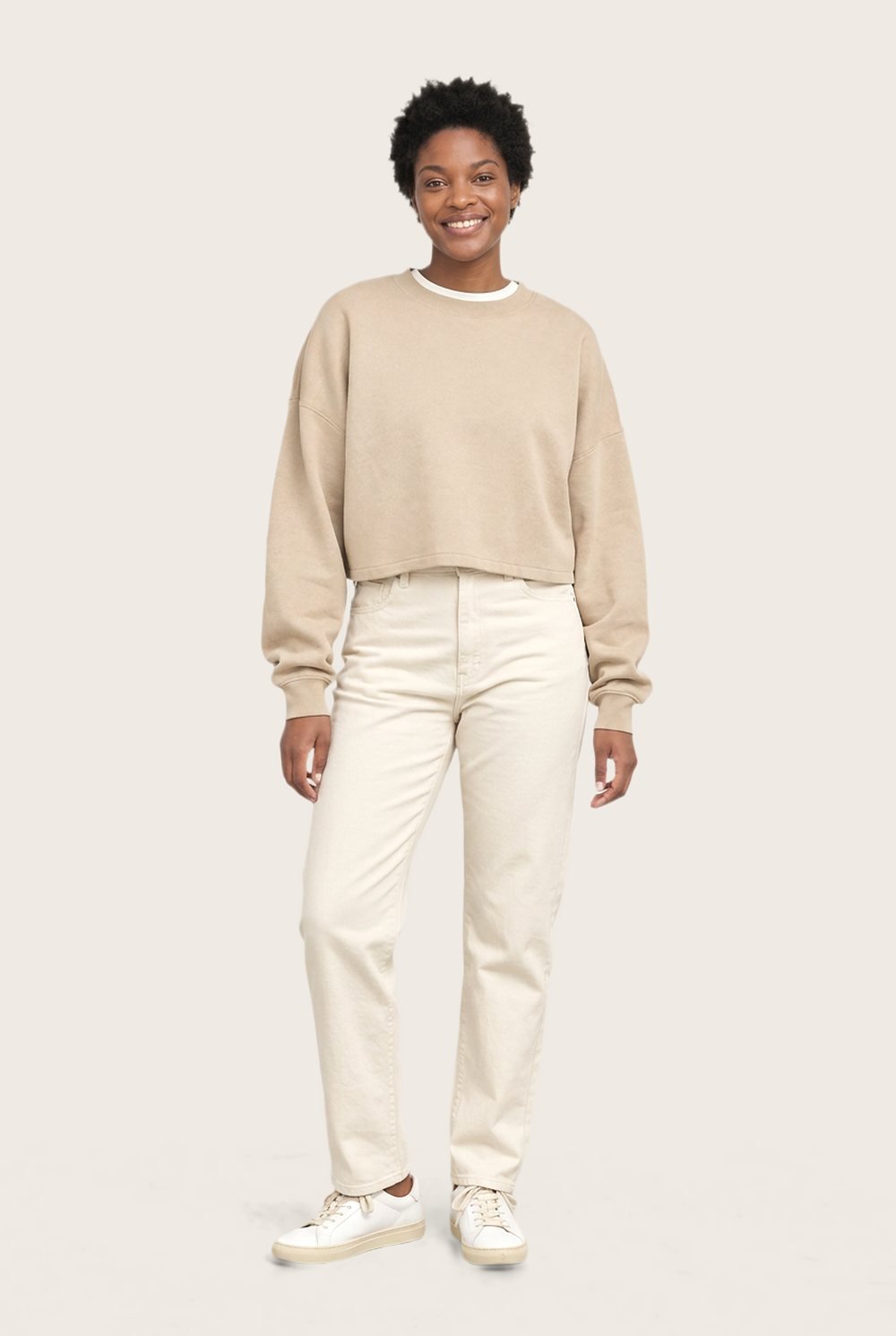 Boxy Sweatshirt in Oat, worn, full outfit
