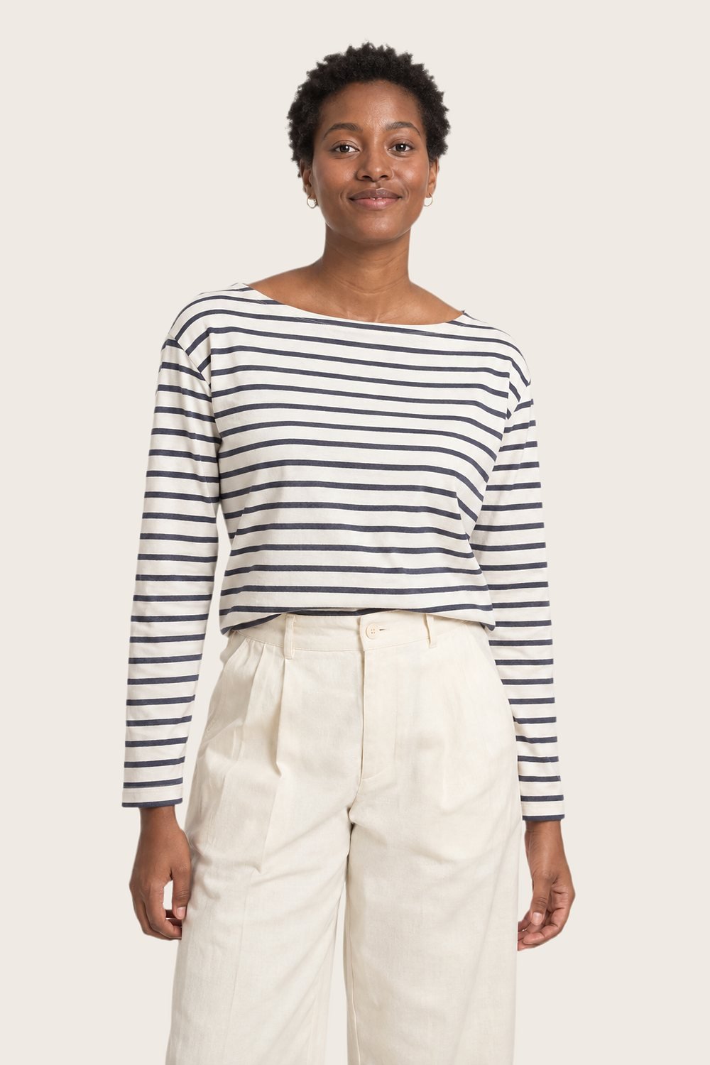 Breton Top in Chalk stripe, worn, front