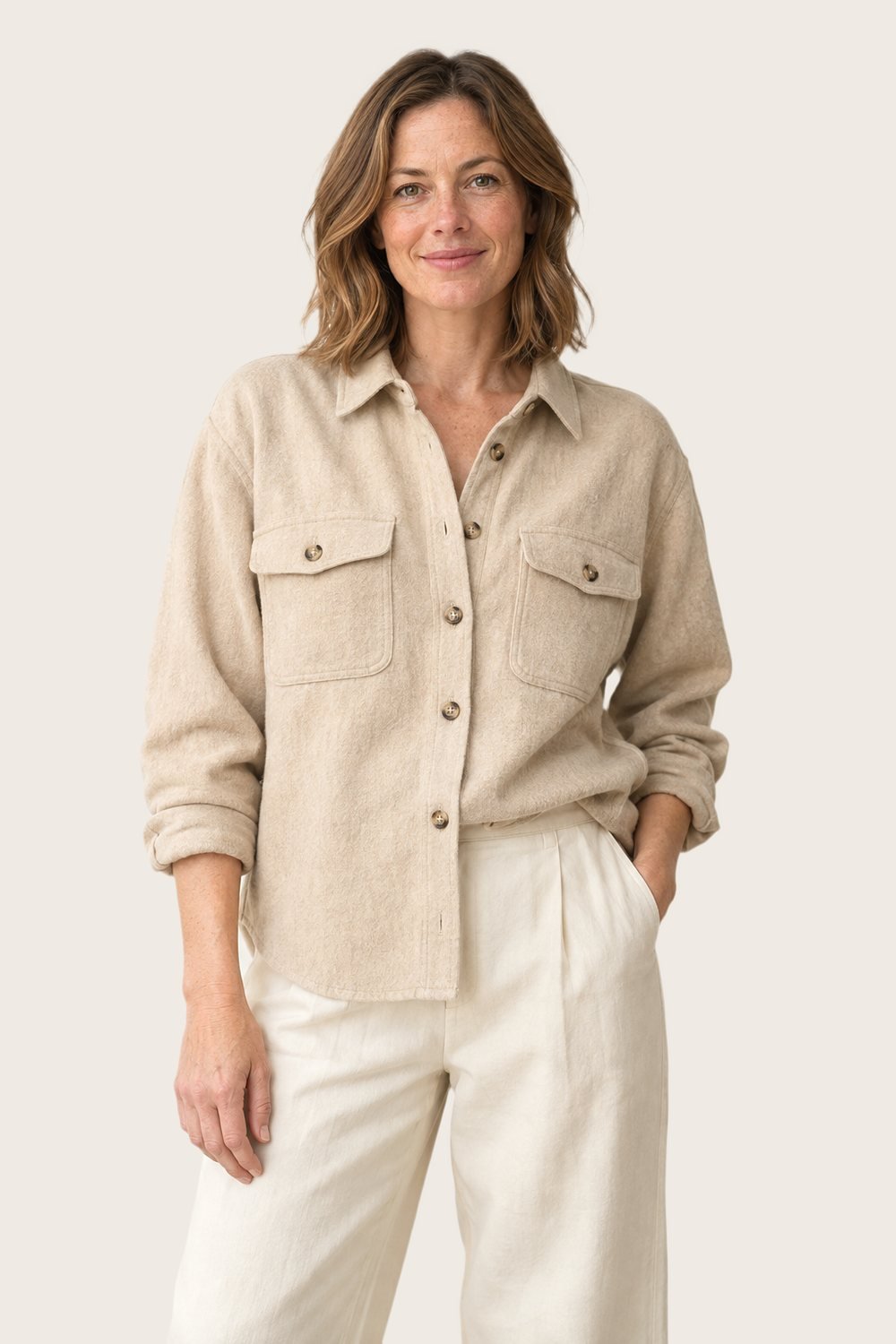 Brushed Cotton Overshirt in Oat, worn, front