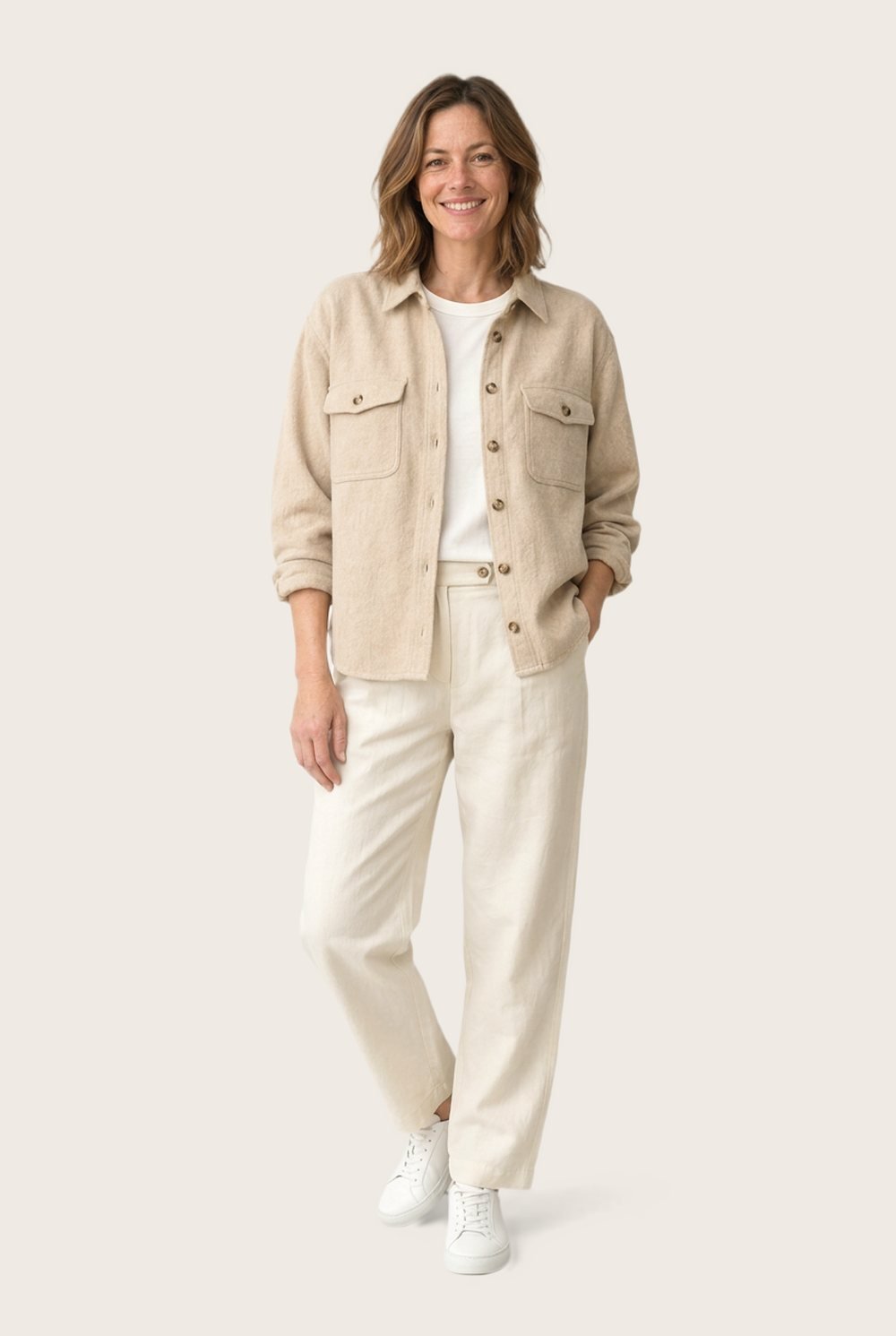 Brushed Cotton Overshirt in Oat, worn, full outfit