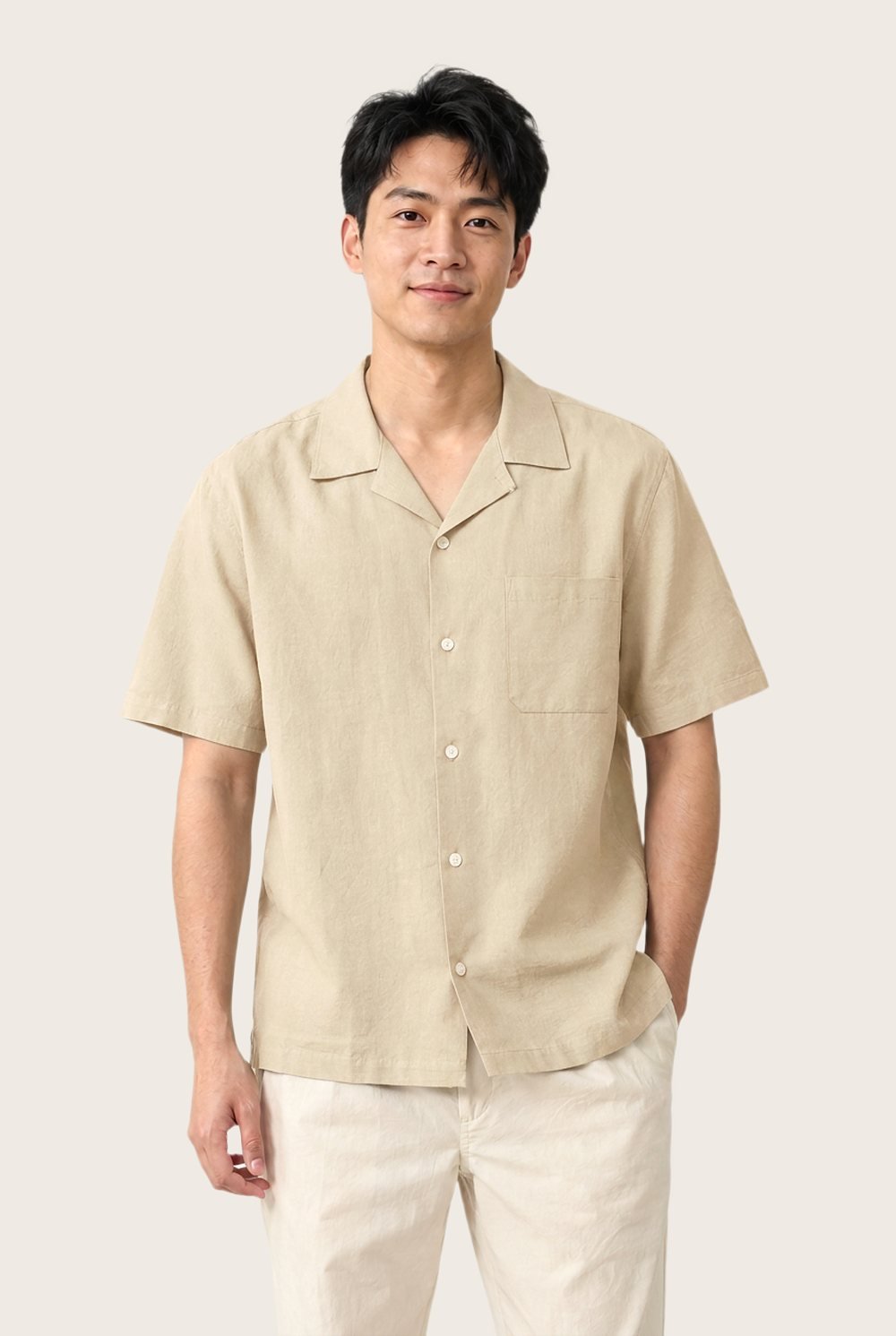 Camp Collar Shirt in Ecru, worn, front
