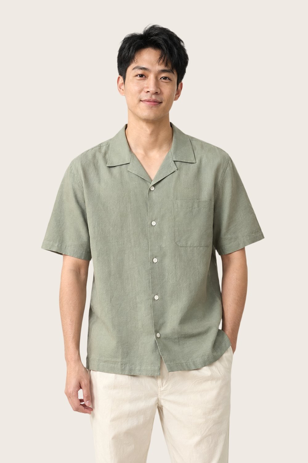 Camp Collar Shirt in Sage, worn, front