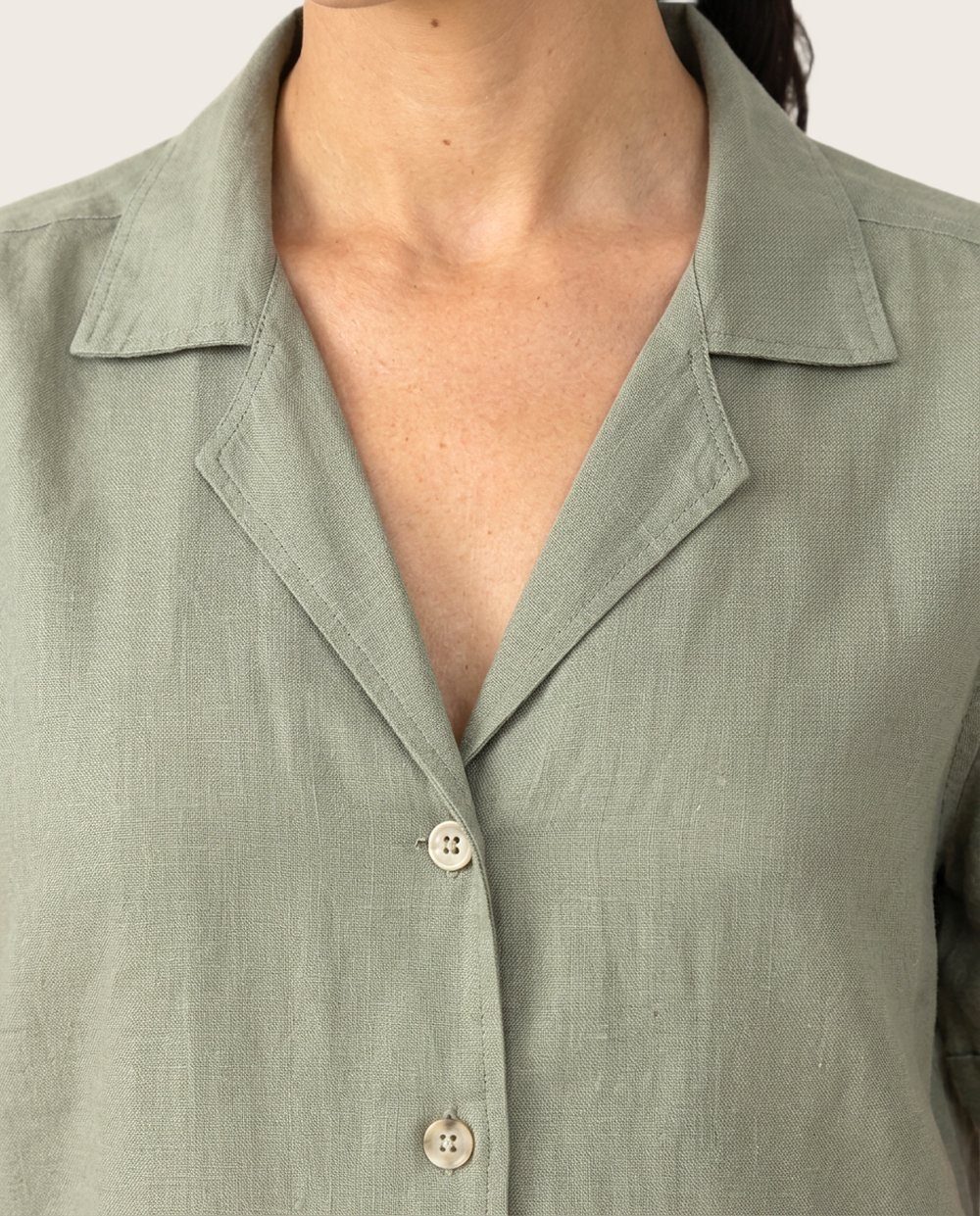 Camp Collar Shirt in Sage, worn, close up