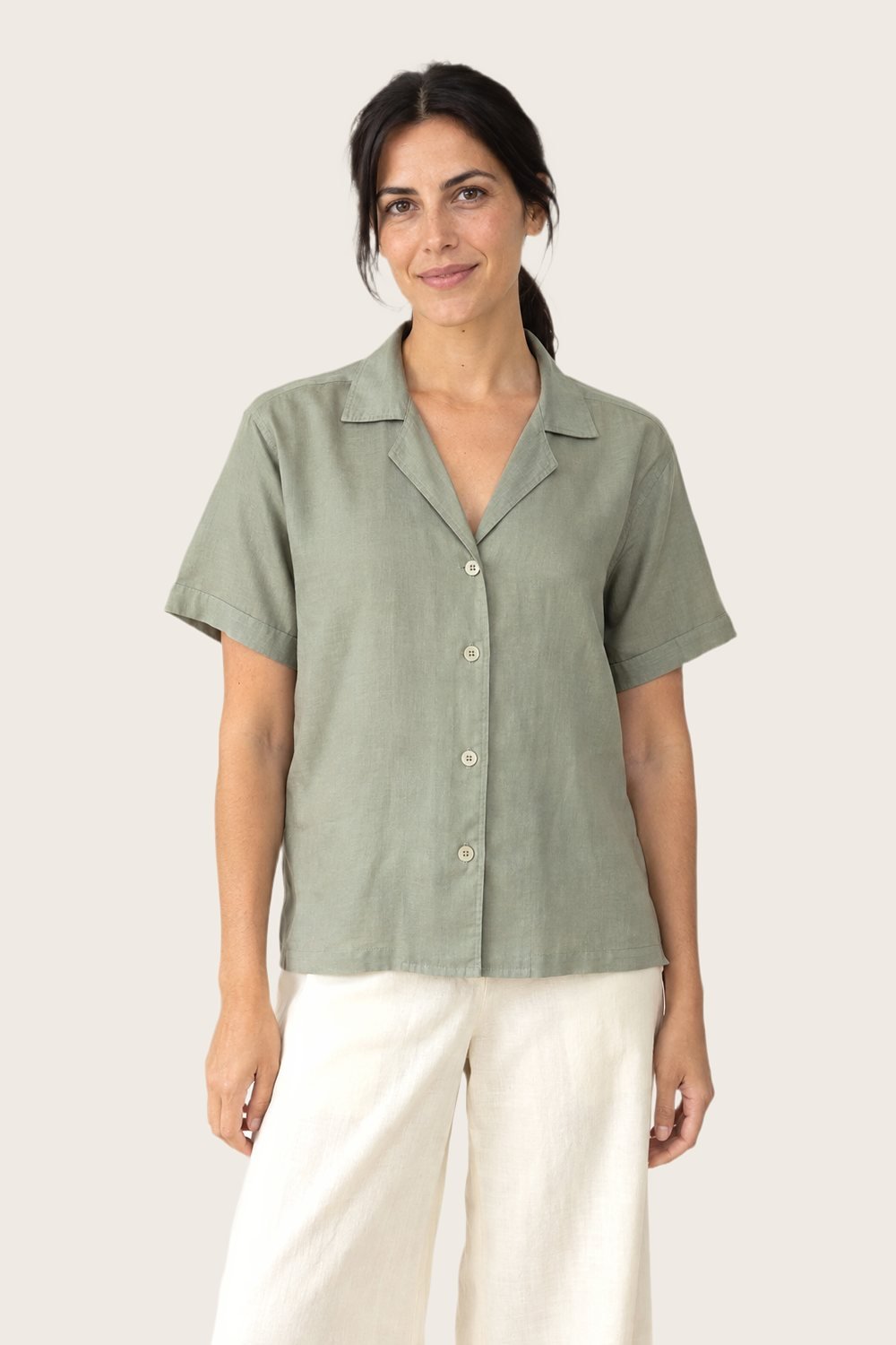 Camp Collar Shirt in Sage, worn, front