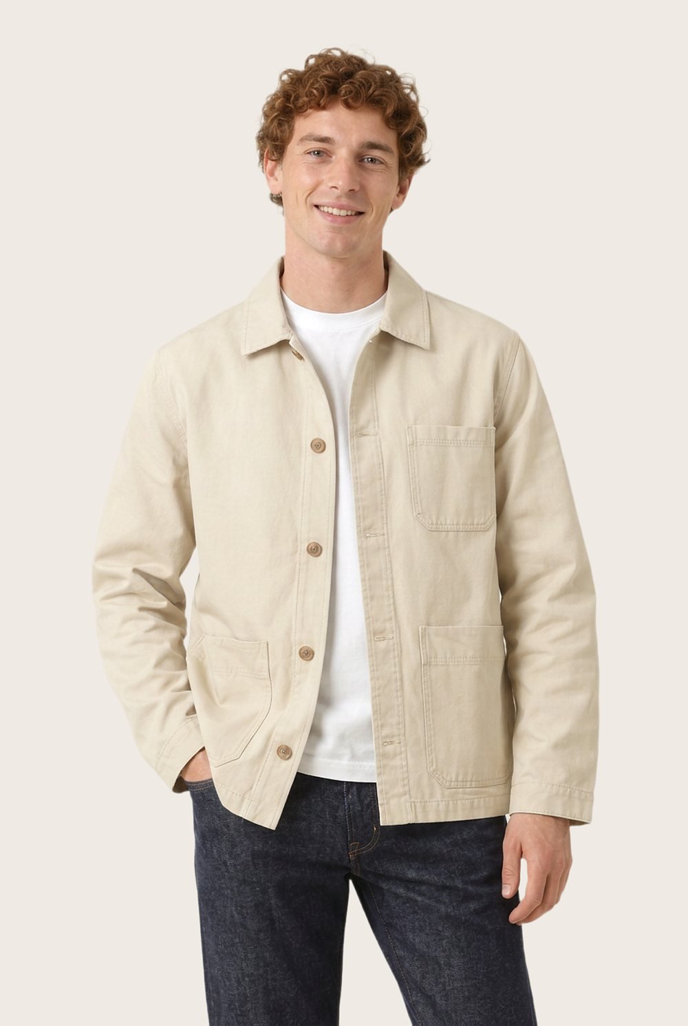Chore Jacket in Ecru, worn, front