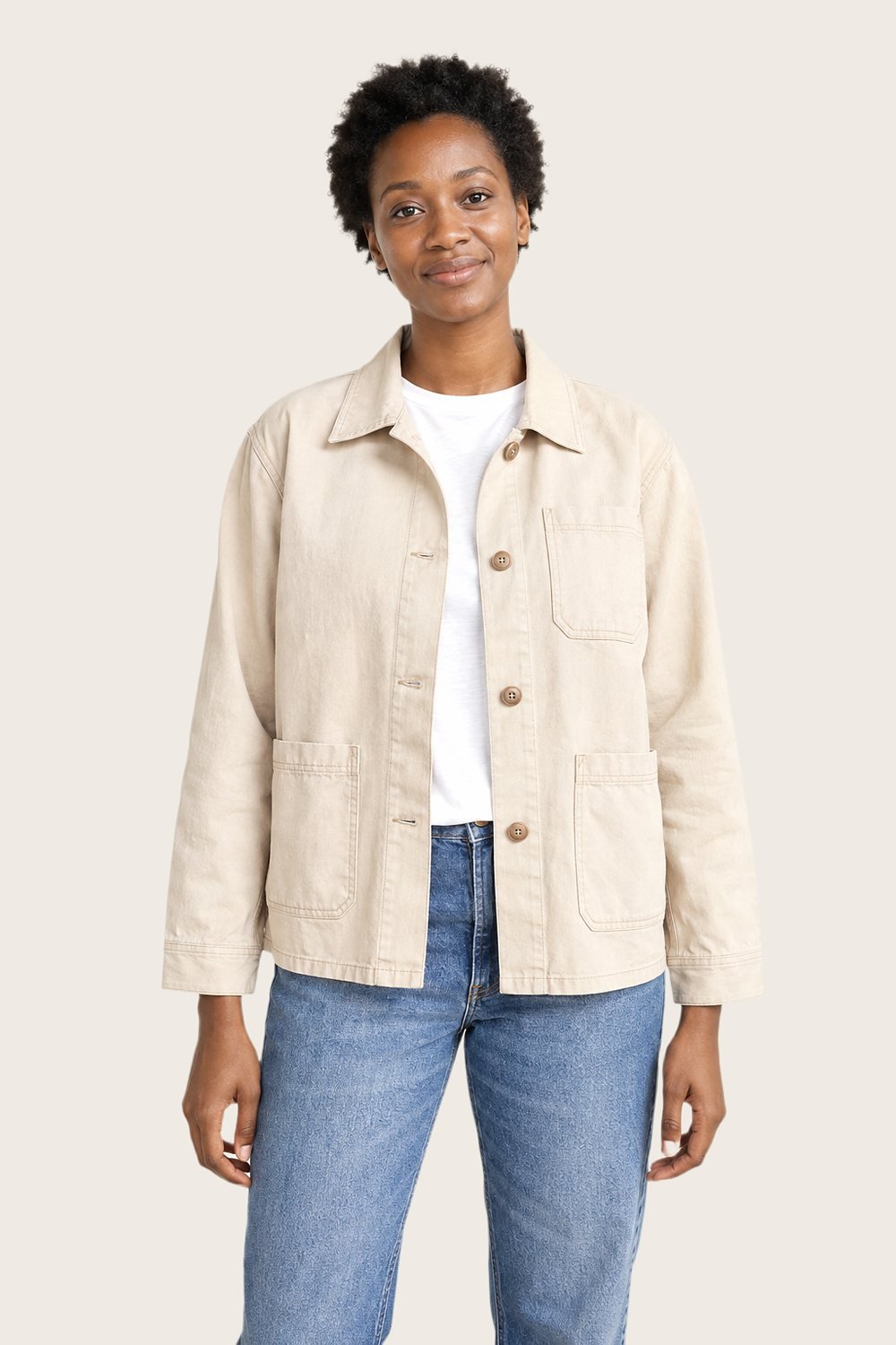 Chore Jacket in Ecru, worn, front