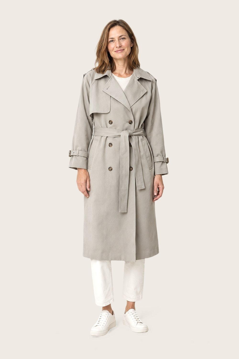 Cotton Trench in Stone, worn, front