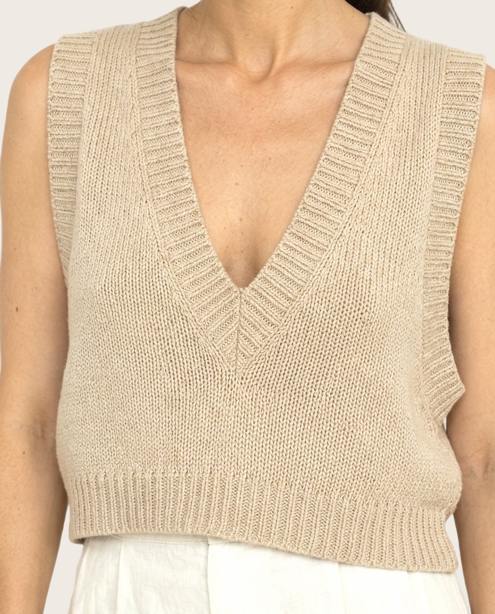 Cropped Knit Vest in Oat, worn, close up
