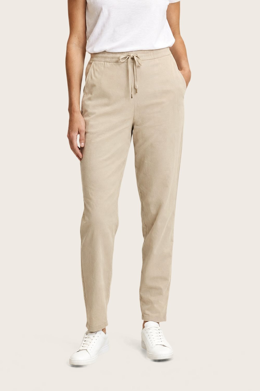 Drawstring Trouser in Oat, worn, front