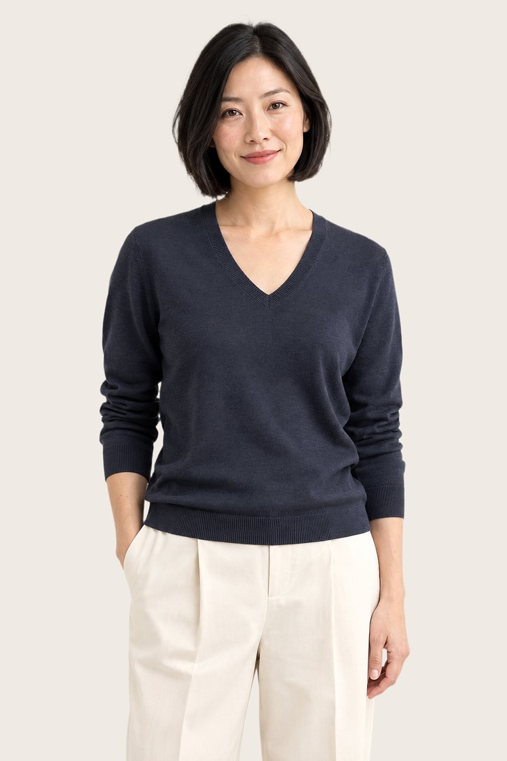 Fine-Gauge V-Neck in Harbour, worn, front