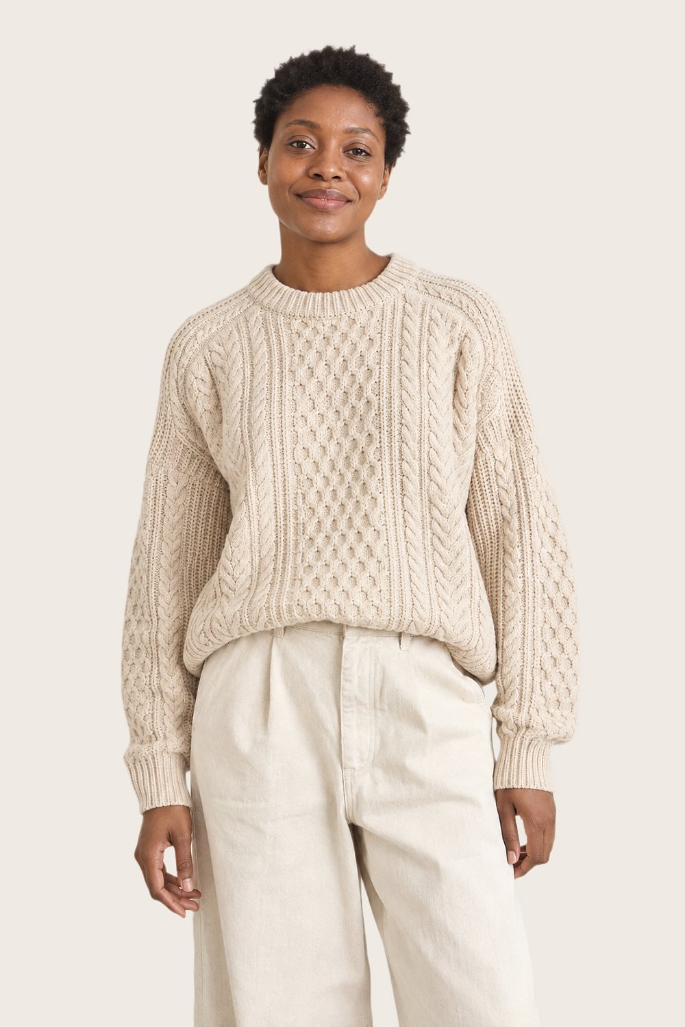 Fisherman Jumper in Ecru, worn, front