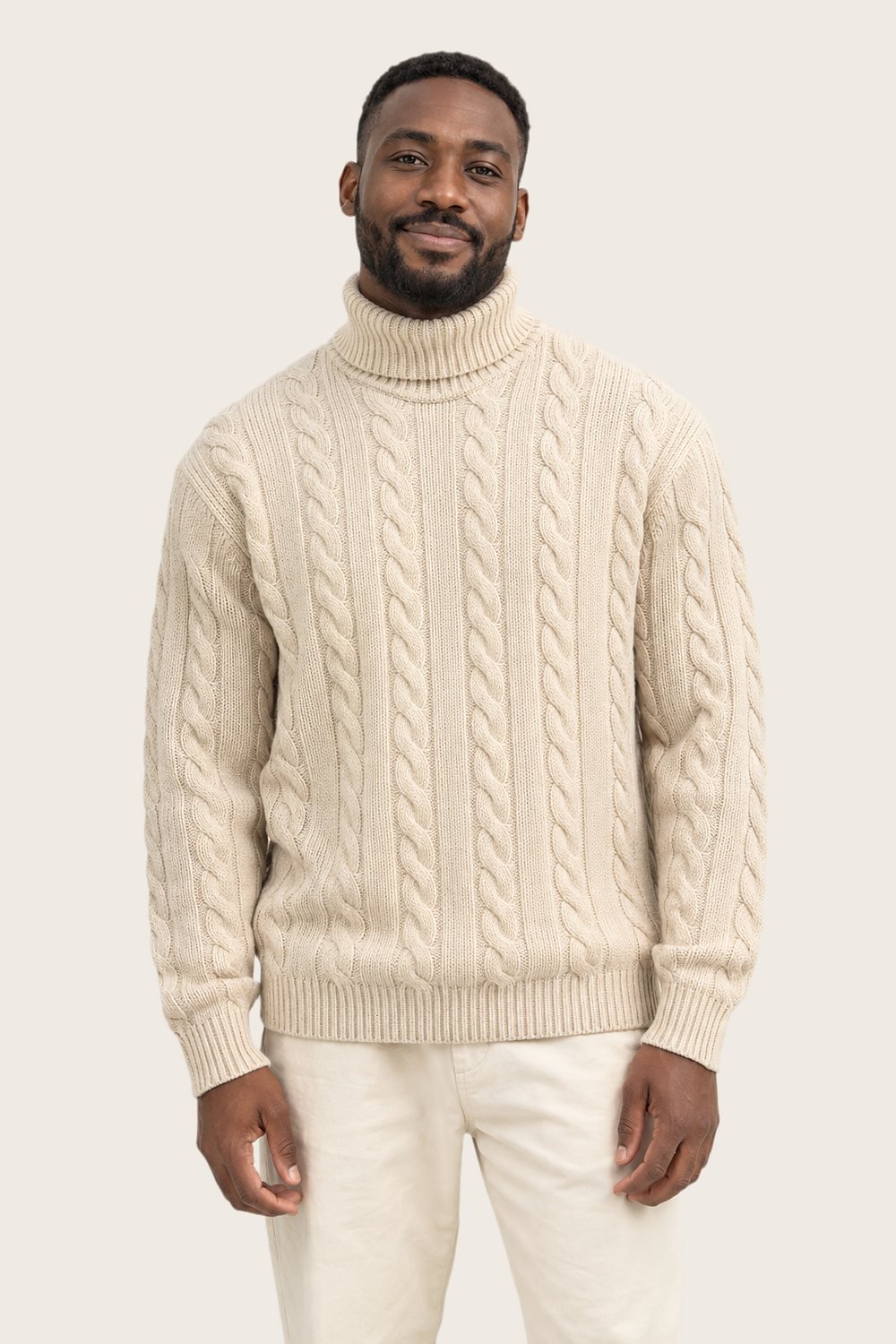 Fisherman Roll-Neck in Ecru, worn, front