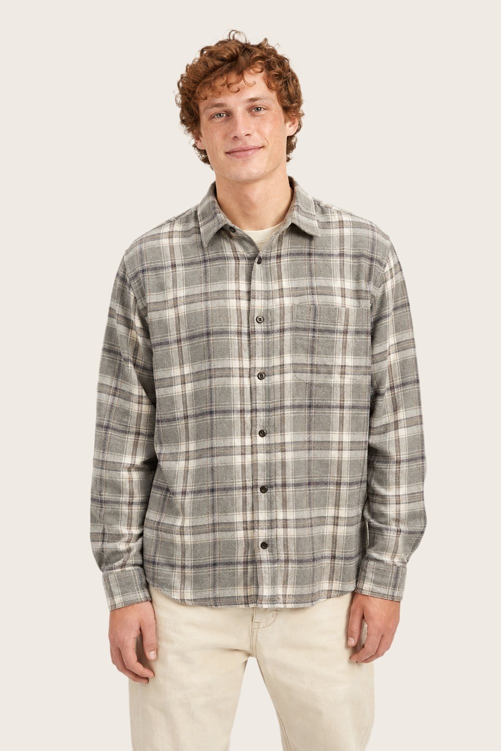 Flannel Check Shirt in Stone check, worn, front
