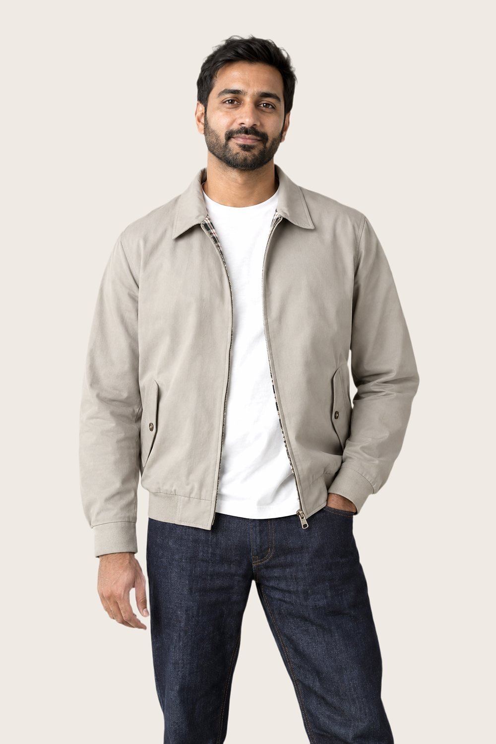 Harrington Jacket in Stone, worn, front
