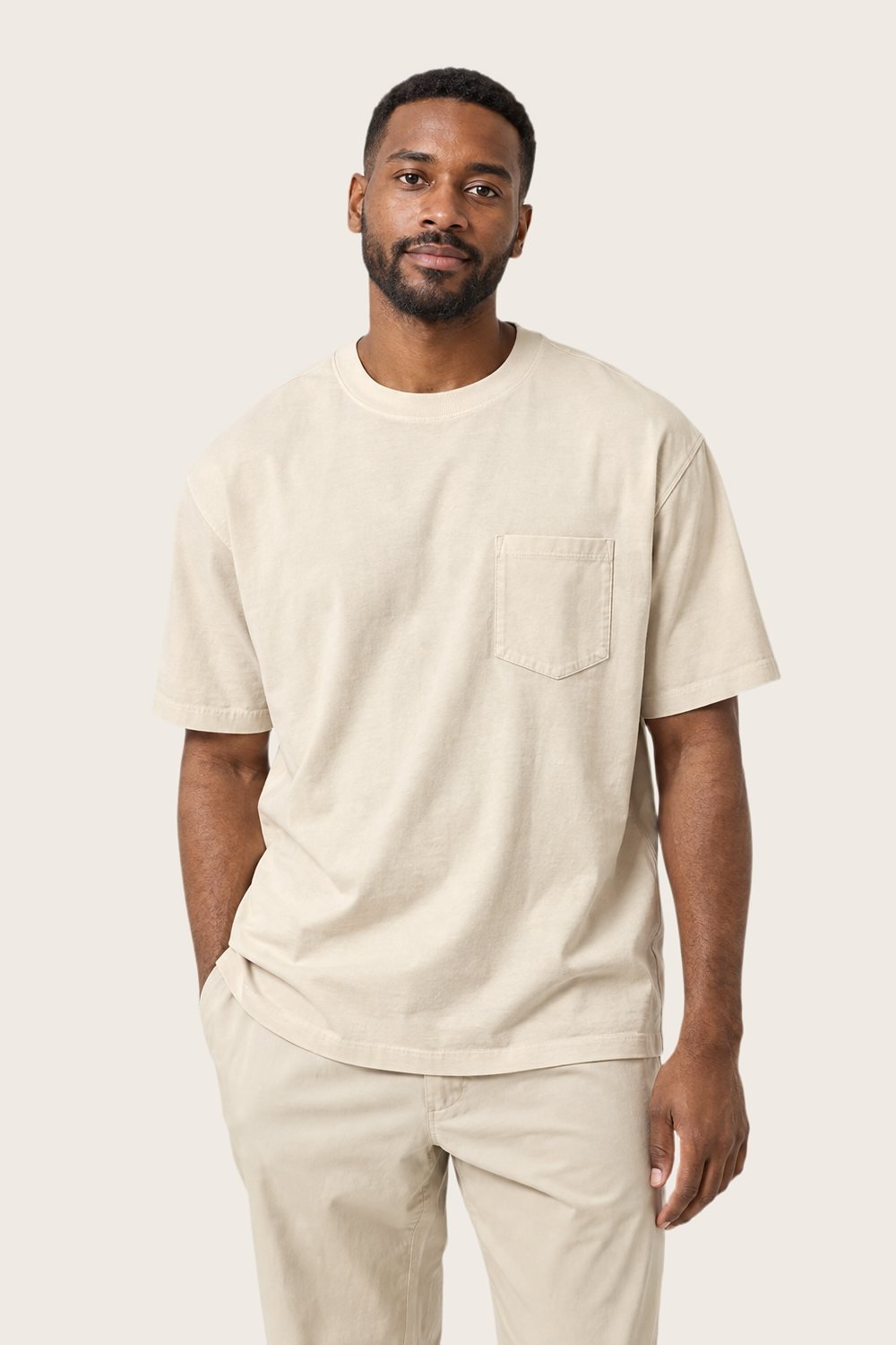 Heavyweight Pocket Tee in Ecru, worn, front