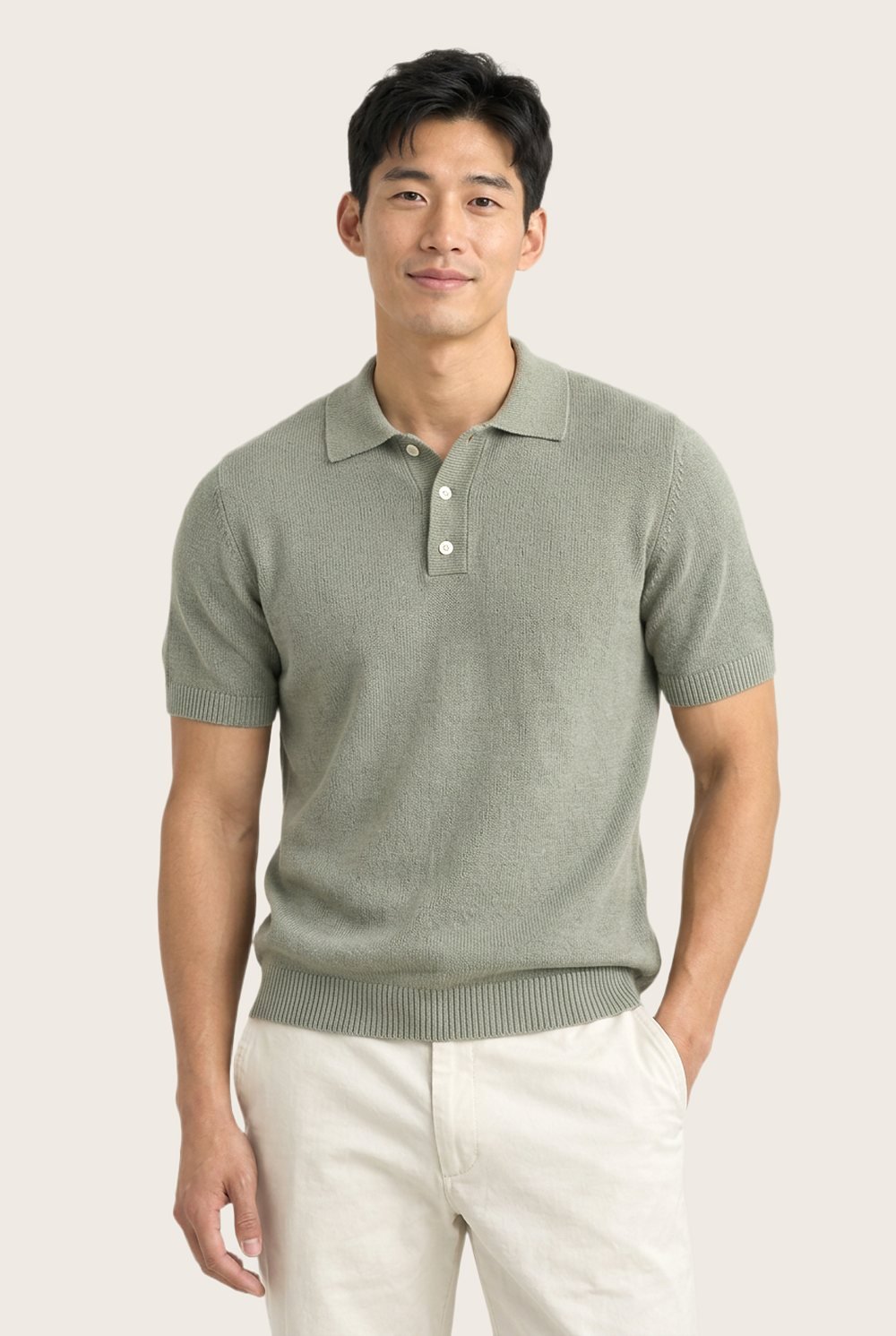 Knitted Polo in Sage, worn, front