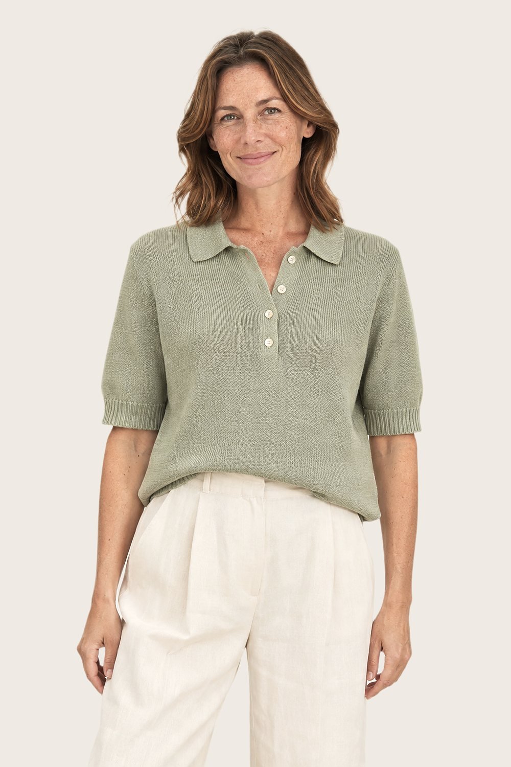 Knitted Polo in Sage, worn, front