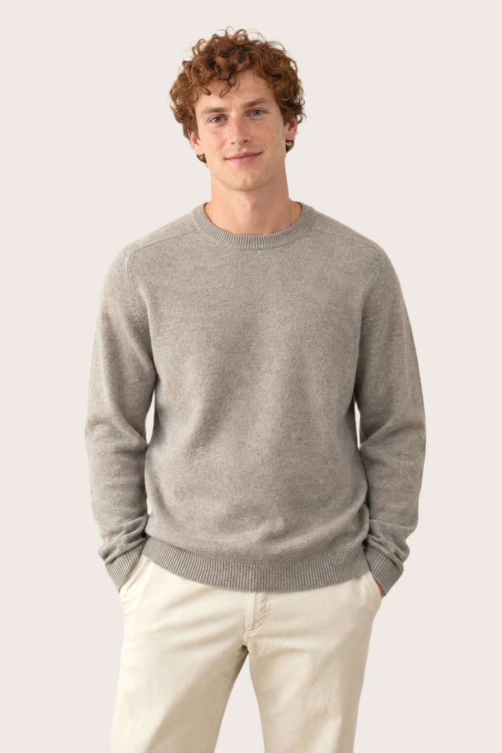 Lambswool Crew in Stone, worn, front