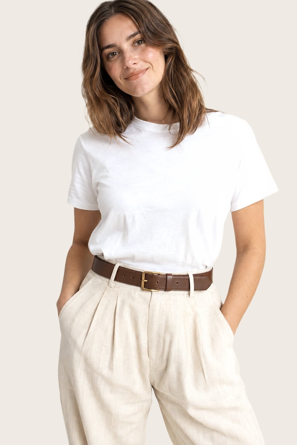 Leather Belt in Cocoa, worn, front