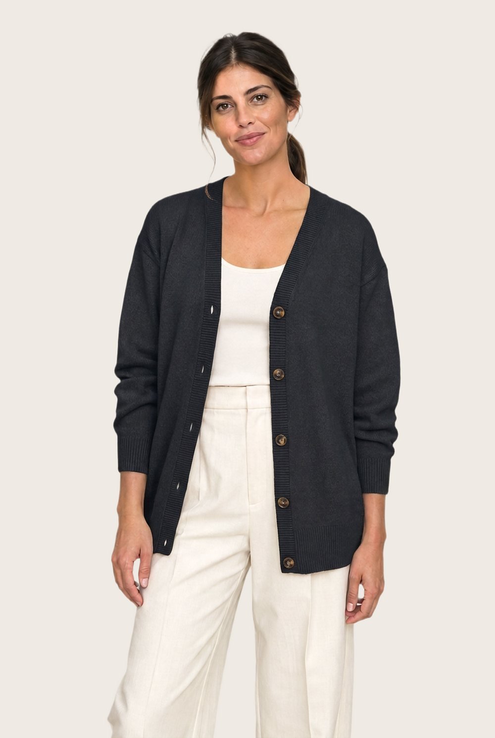 Merino-Cotton Cardigan in Ink, worn, front