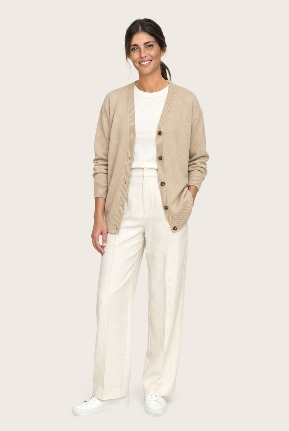 Merino-Cotton Cardigan in Oat, worn, full outfit