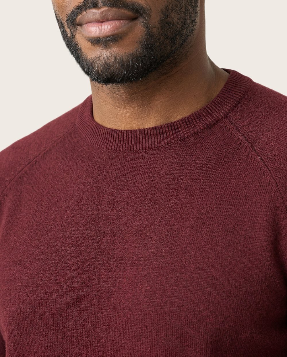 Merino-Cotton Crew in Oxblood, worn, close up