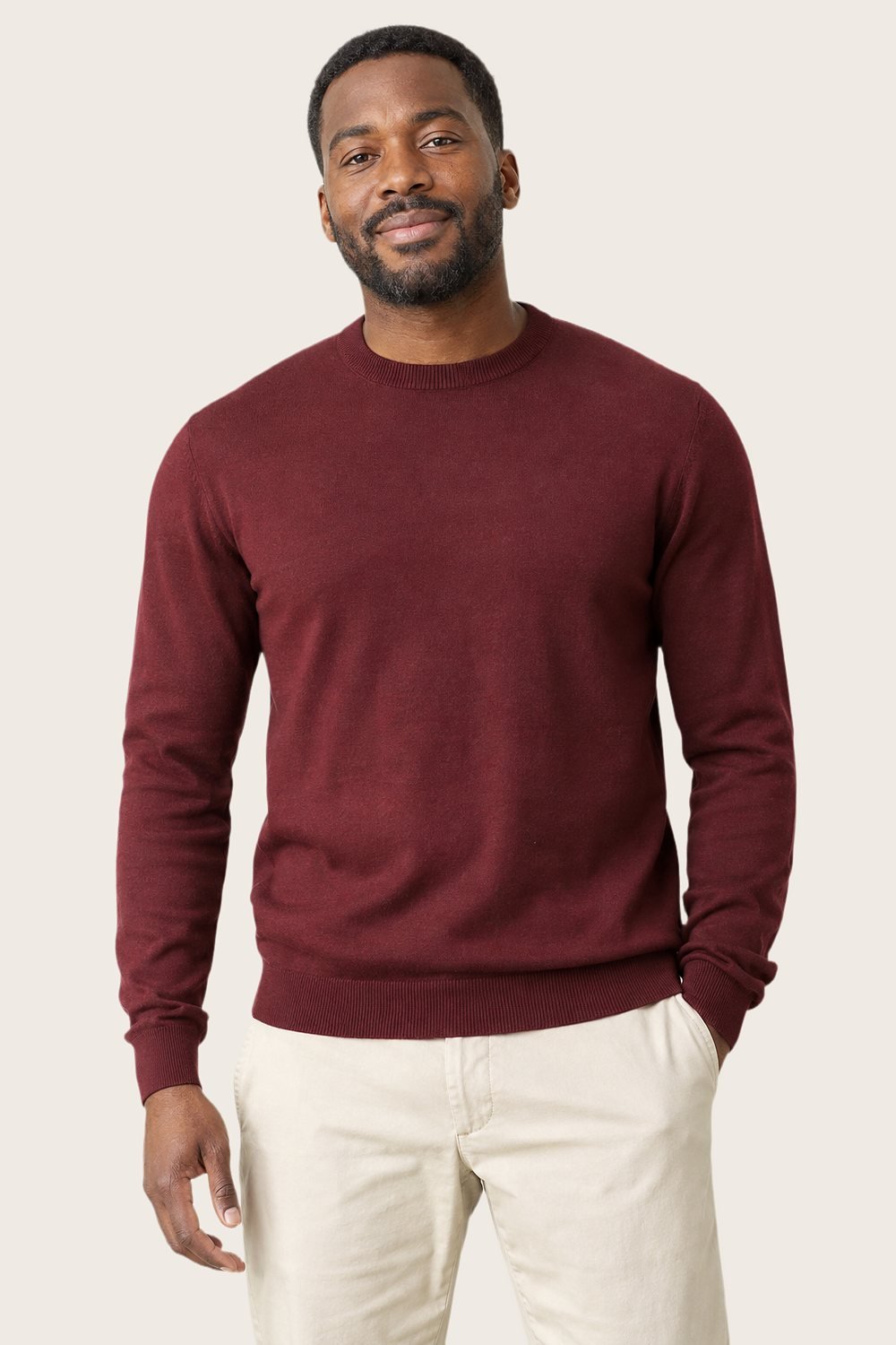 Merino-Cotton Crew in Oxblood, worn, front
