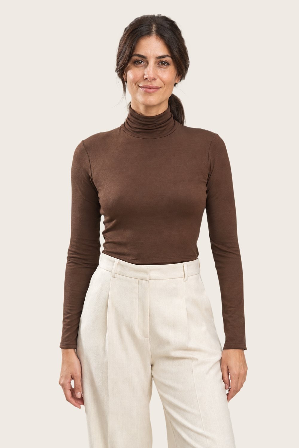 Mock-Neck Top in Cocoa, worn, front