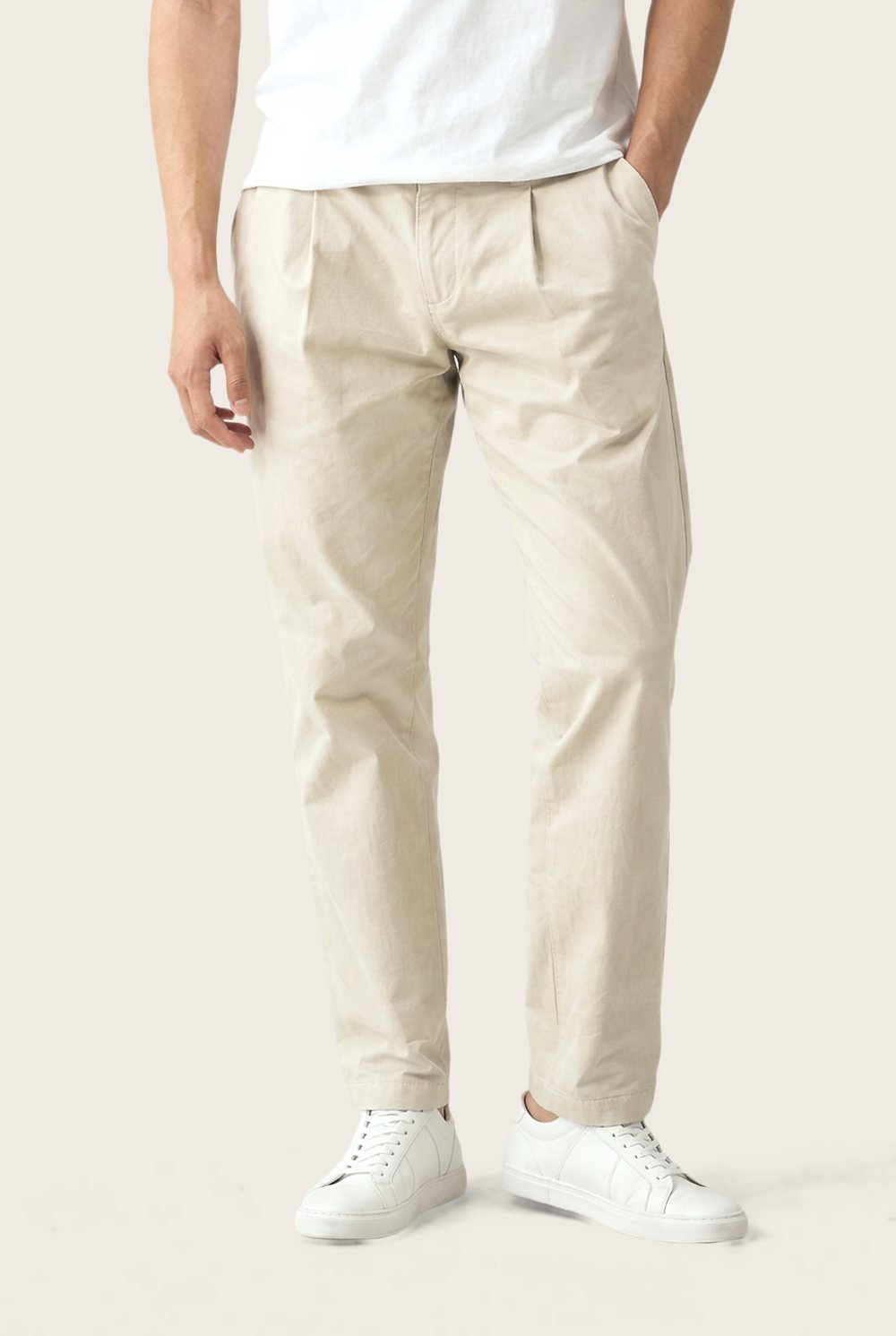 Pleated Chino in Ecru, worn, front