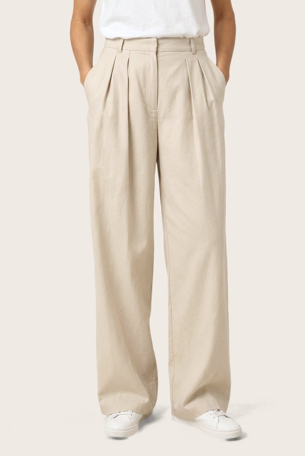 Pleated Wide Trouser in Ecru, worn, front