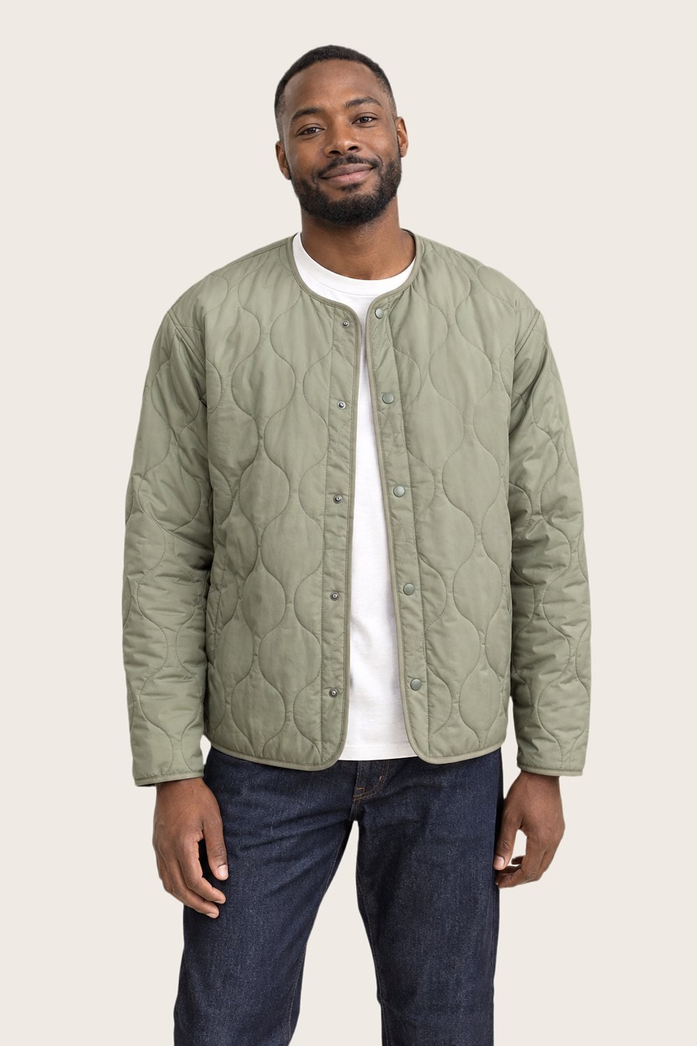 Quilted Liner Jacket in Sage, worn, front