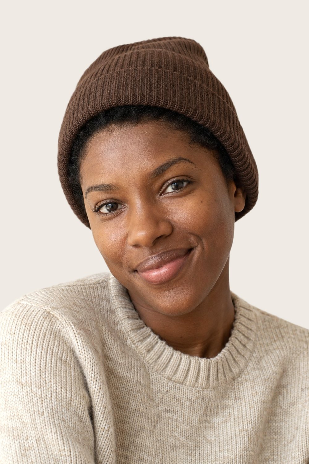 Ribbed Beanie in Cocoa, worn, front