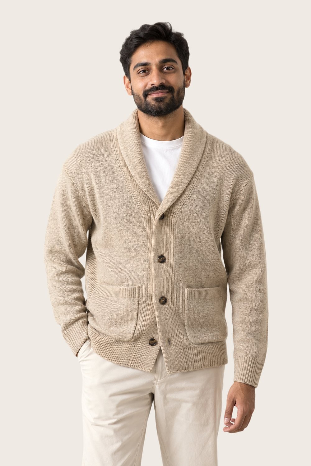 Shawl-Collar Cardigan in Oat, worn, front