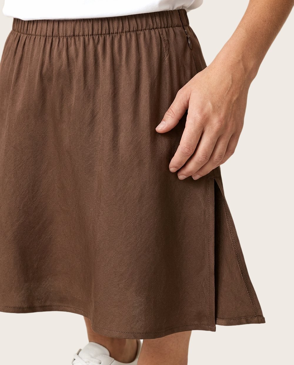 Slip Skirt in Cocoa, worn, close up