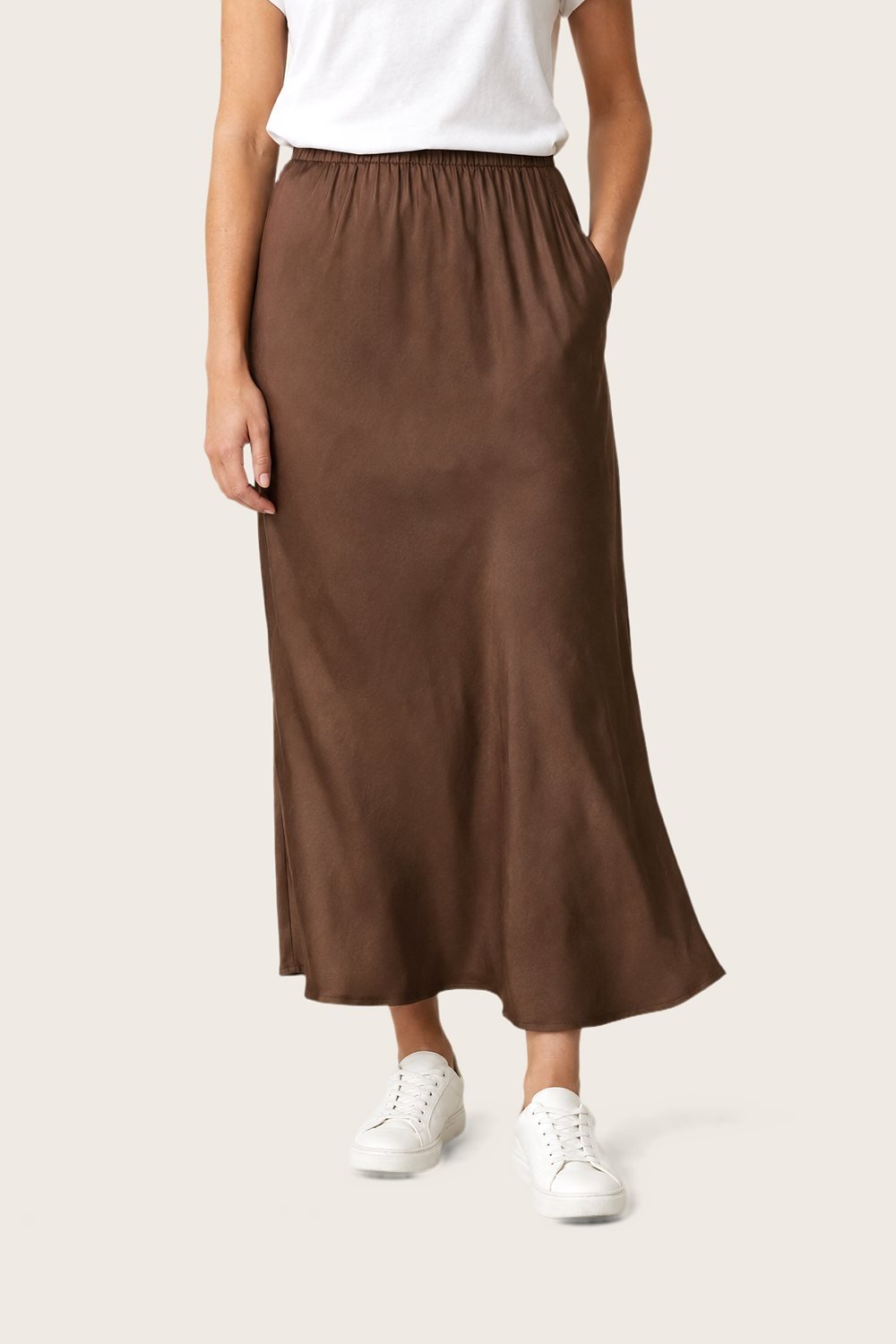 Slip Skirt in Cocoa, worn, front