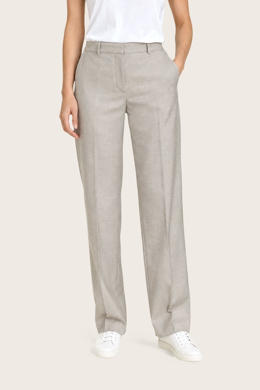 Straight Wool Trouser in Stone, worn, front