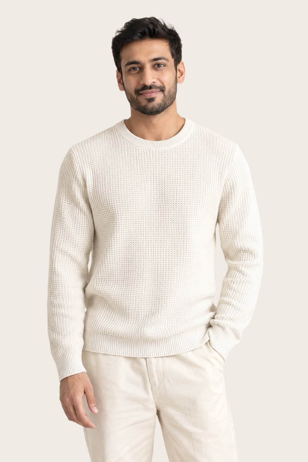 Waffle Knit Crew in Chalk, worn, front