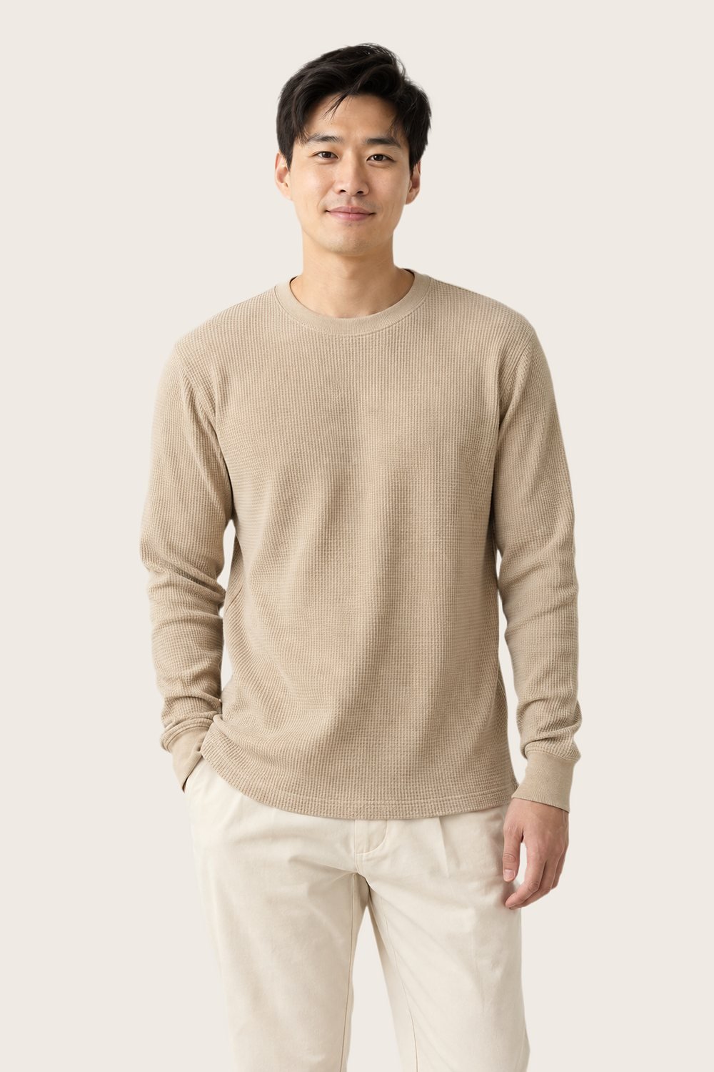Waffle Long-Sleeve in Oat, worn, front
