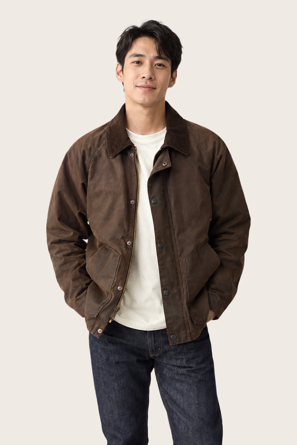 Waxed Cotton Jacket in Cocoa, worn, front
