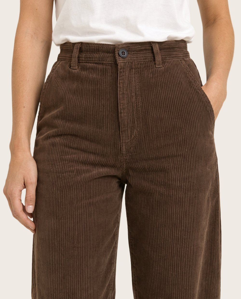 Wide Cord Trouser in Cocoa, worn, close up