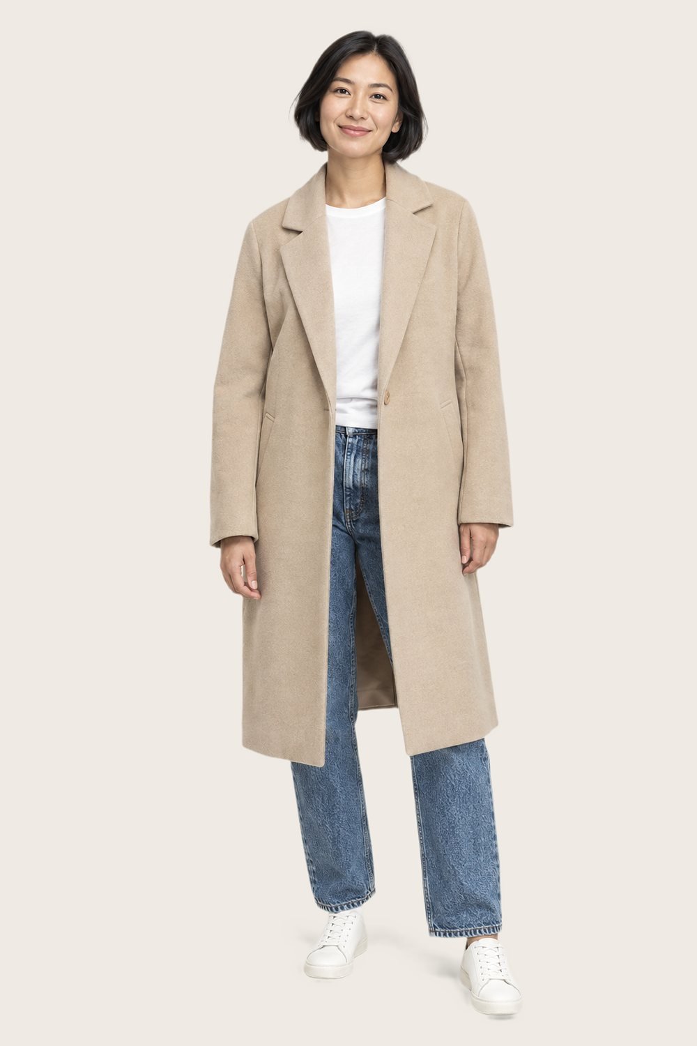 Wool-Blend Overcoat in Oat, worn, front