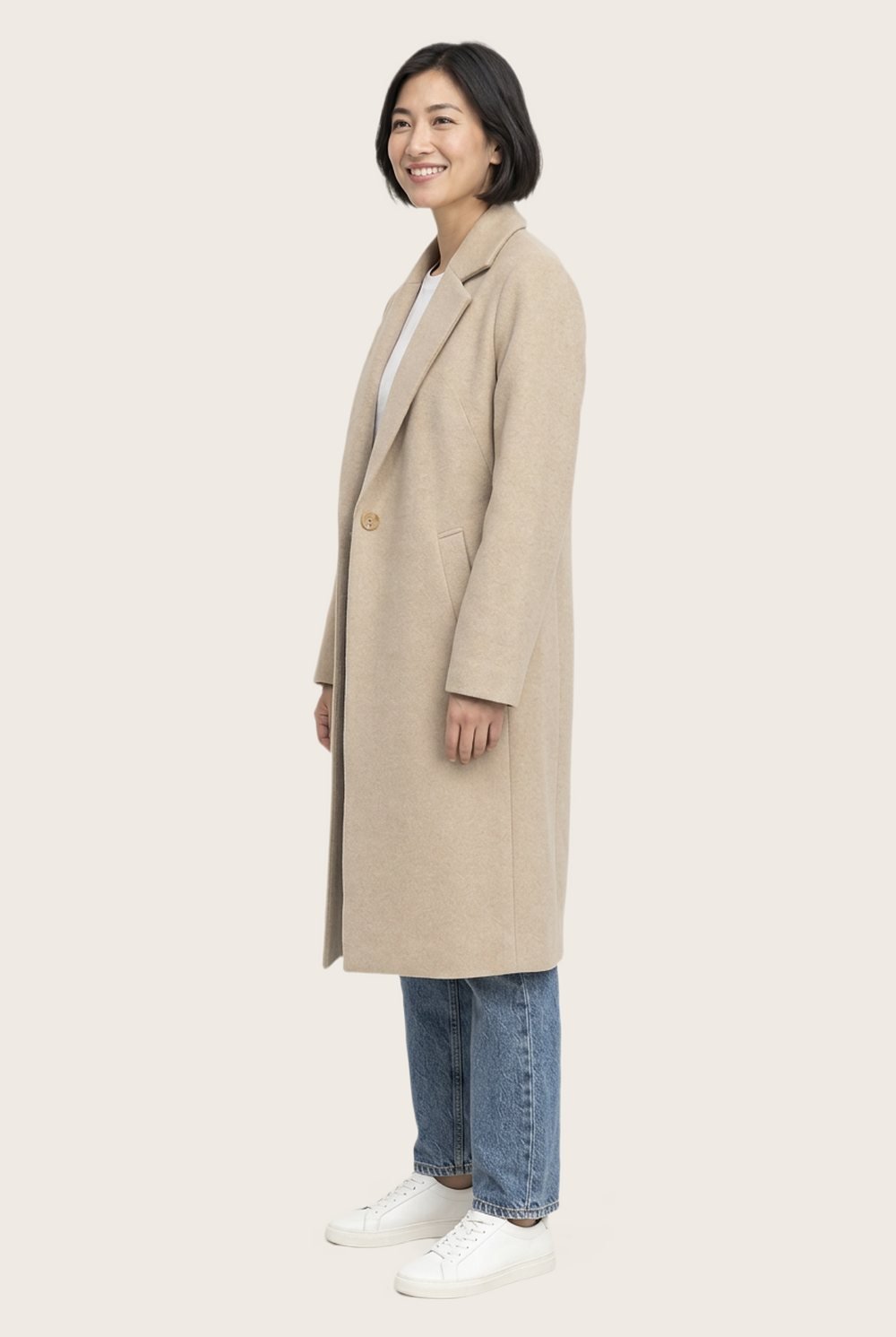 Wool-Blend Overcoat in Oat, worn, full outfit
