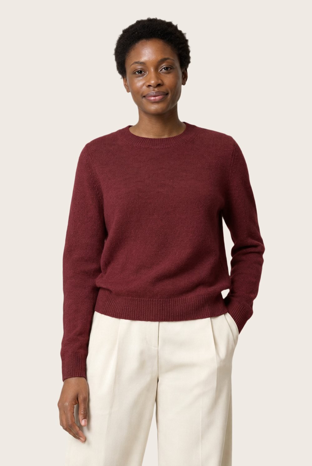 Wool-Cashmere Crew in Oxblood, worn, front