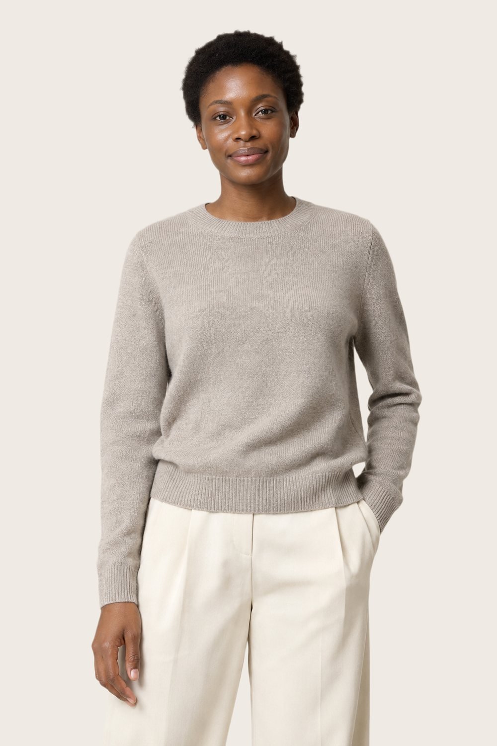 Wool-Cashmere Crew in Stone, worn, front