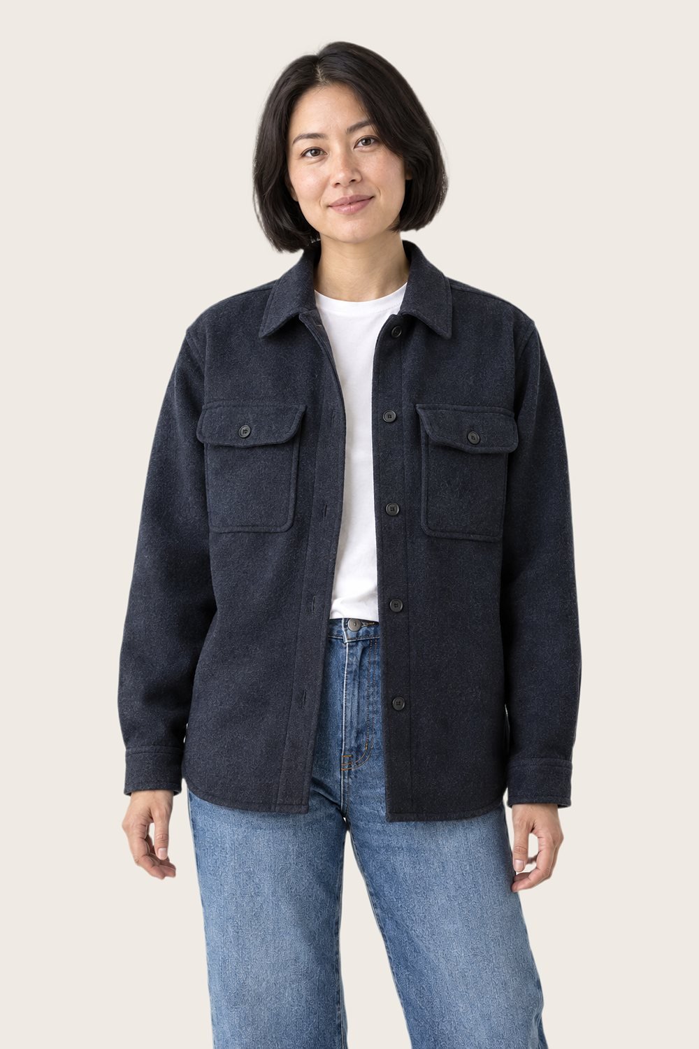 Wool Overshirt Jacket in Harbour, worn, front