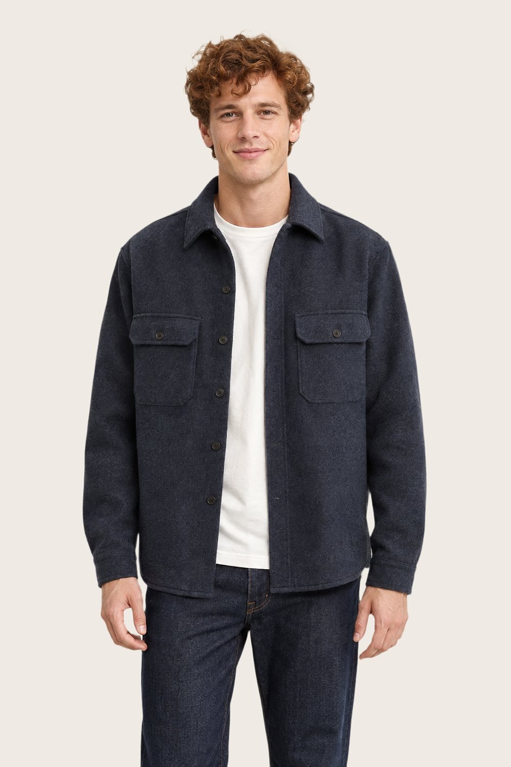 Wool Overshirt in Harbour, worn, front