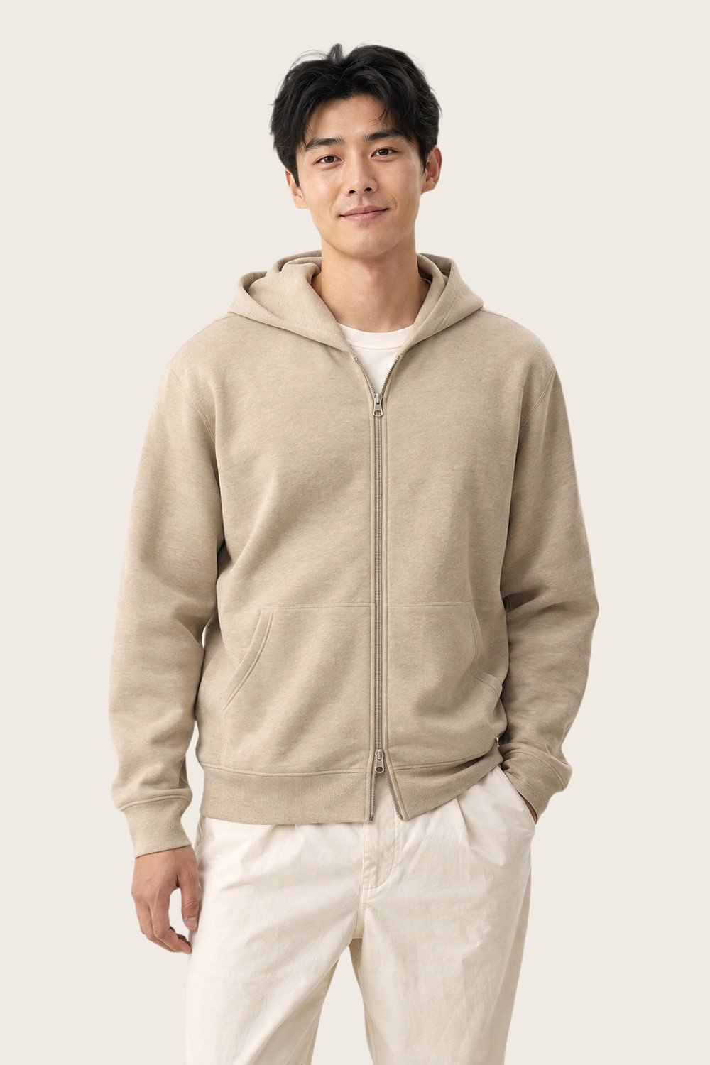 Zip Hoodie in Oat, worn, front