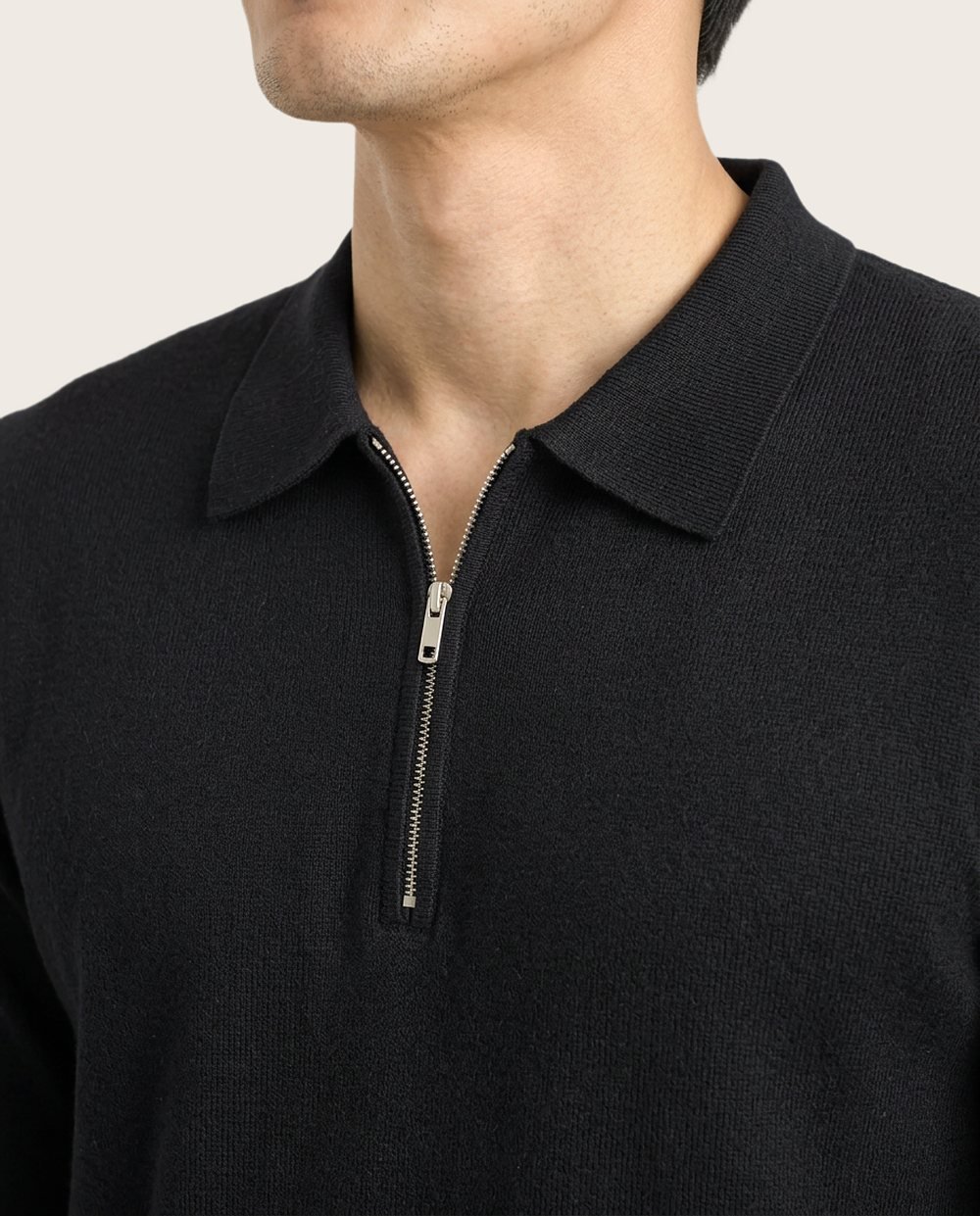 Zip Polo in Ink, worn, close up