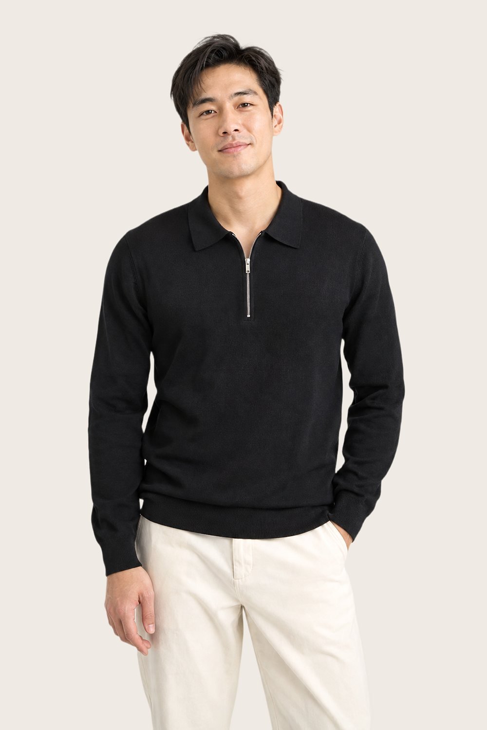 Zip Polo in Ink, worn, front